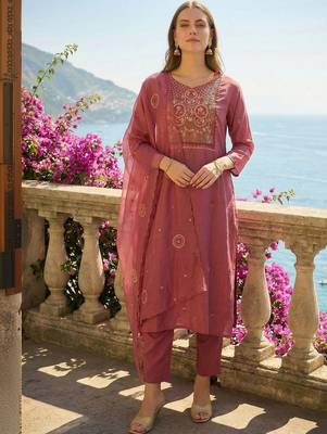 Women Ethnic Motifs Embroidered Regular Thread Work Kurta with Trousers & With Dupatta 4
