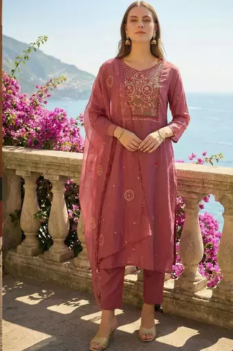 Women Ethnic Motifs Embroidered Regular Thread Work Kurta with Trousers & With Dupatta