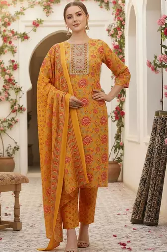 Women Floral Printed Regular Kurta with Trousers & With Dupatta