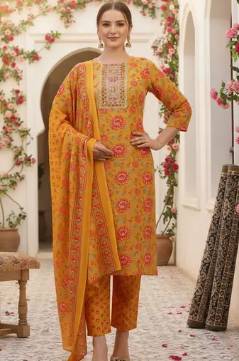 Women Floral Printed Regular Kurta with Trousers & With Dupatta