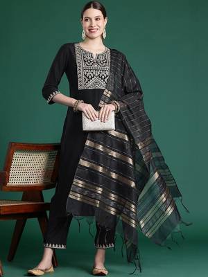 Women Ethnic Motifs Embroidered Regular Thread Work Liva Kurta with Trousers & With Dupatta 1