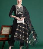 Women Ethnic Motifs Embroidered Regular Thread Work Liva Kurta with Trousers & With Dupatta