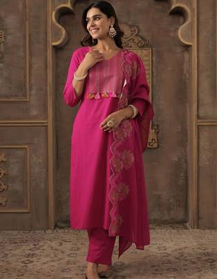 Women Ethnic Motifs Embroidered Regular Thread Work Pure Cotton Kurta with Trousers & With Dupatta 1
