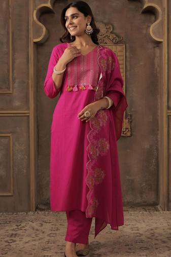 Women Ethnic Motifs Embroidered Regular Thread Work Pure Cotton Kurta with Trousers & With Dupatta