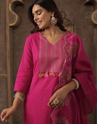 Women Ethnic Motifs Embroidered Regular Thread Work Pure Cotton Kurta with Trousers & With Dupatta 2