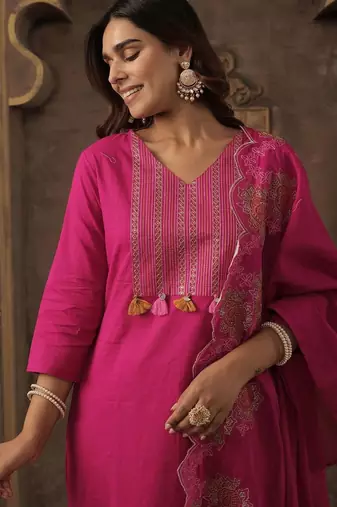 Women Ethnic Motifs Embroidered Regular Thread Work Pure Cotton Kurta with Trousers & With Dupatta