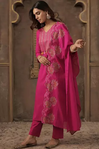 Women Ethnic Motifs Embroidered Regular Thread Work Pure Cotton Kurta with Trousers & With Dupatta