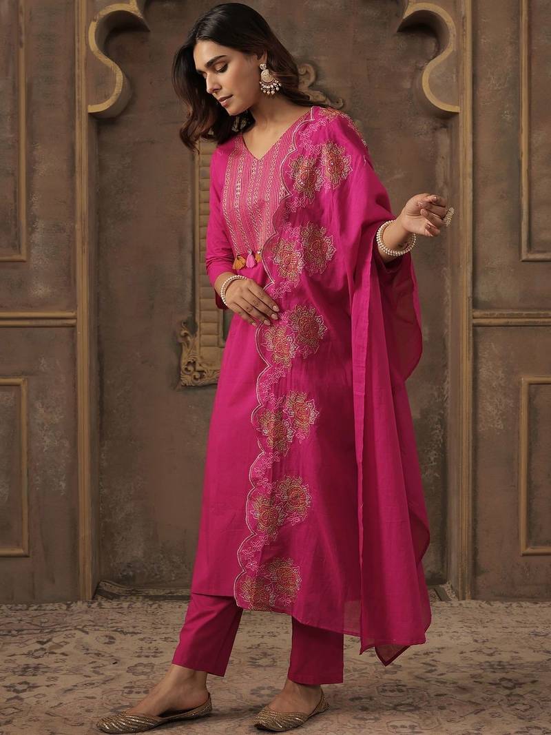 Women Ethnic Motifs Embroidered Regular Thread Work Pure Cotton Kurta with Trousers & With Dupatta