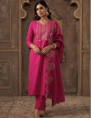 Women Ethnic Motifs Embroidered Regular Thread Work Pure Cotton Kurta with Trousers & With Dupatta 6