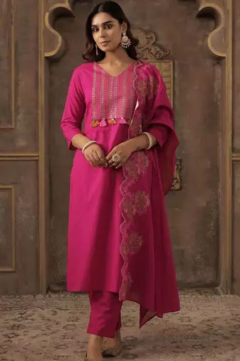 Women Ethnic Motifs Embroidered Regular Thread Work Pure Cotton Kurta with Trousers & With Dupatta