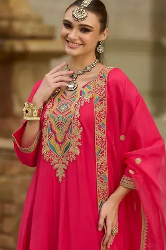 Women Ethnic Motifs Embroidered Panelled Thread Work Kurta with Trousers & With Dupatta
