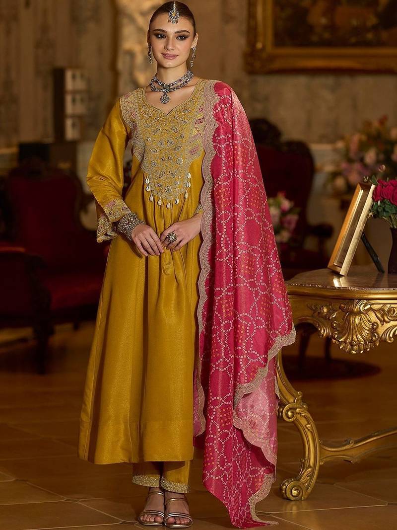 Women Ethnic Motifs Embroidered Regular Beads and Stones Kurta with Trousers & With Dupatta