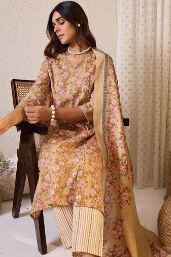 Women Floral Printed Angrakha Pure Cotton Kurta with Trousers & With Dupatta