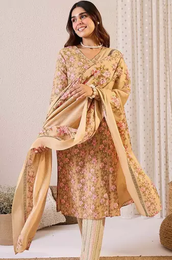Women Floral Printed Angrakha Pure Cotton Kurta with Trousers & With Dupatta
