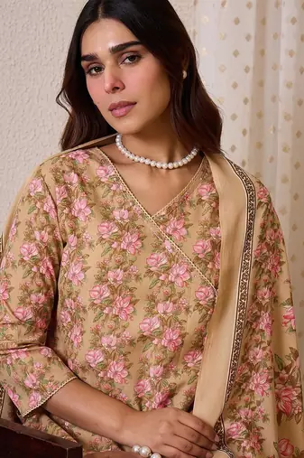 Women Floral Printed Angrakha Pure Cotton Kurta with Trousers & With Dupatta