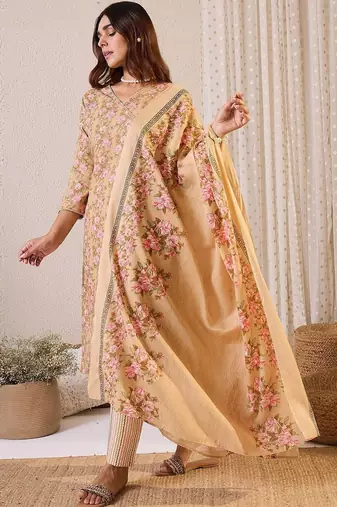 Women Floral Printed Angrakha Pure Cotton Kurta with Trousers & With Dupatta