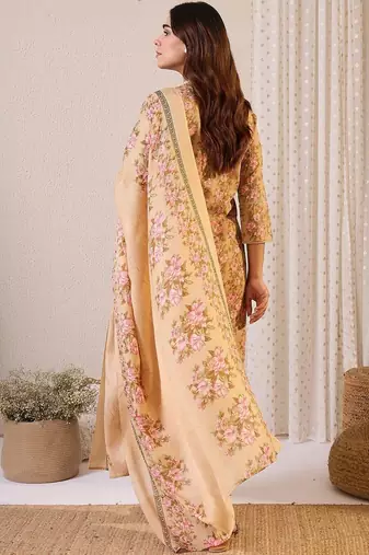Women Floral Printed Angrakha Pure Cotton Kurta with Trousers & With Dupatta