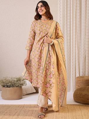 Women Floral Printed Angrakha Pure Cotton Kurta with Trousers & With Dupatta 6