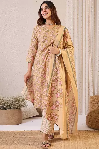 Women Floral Printed Angrakha Pure Cotton Kurta with Trousers & With Dupatta