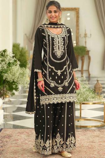 Women Ethnic Motifs Embroidered Regular Sequinned Kurta with Sharara & With Dupatta