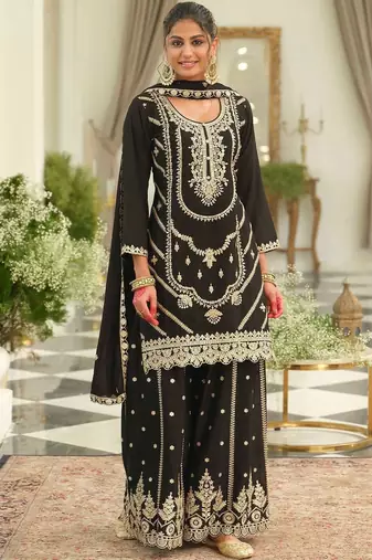Women Ethnic Motifs Embroidered Regular Sequinned Kurta with Sharara & With Dupatta