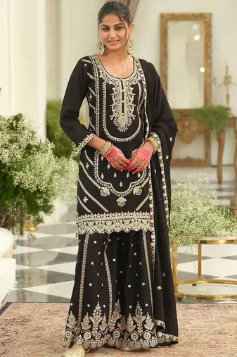 Women Ethnic Motifs Embroidered Regular Sequinned Kurta with Sharara & With Dupatta