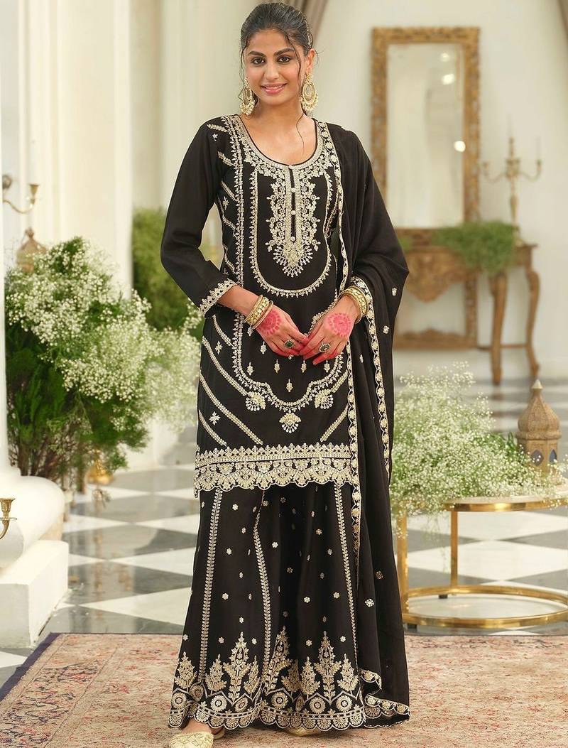 Women Ethnic Motifs Embroidered Regular Sequinned Kurta with Sharara & With Dupatta
