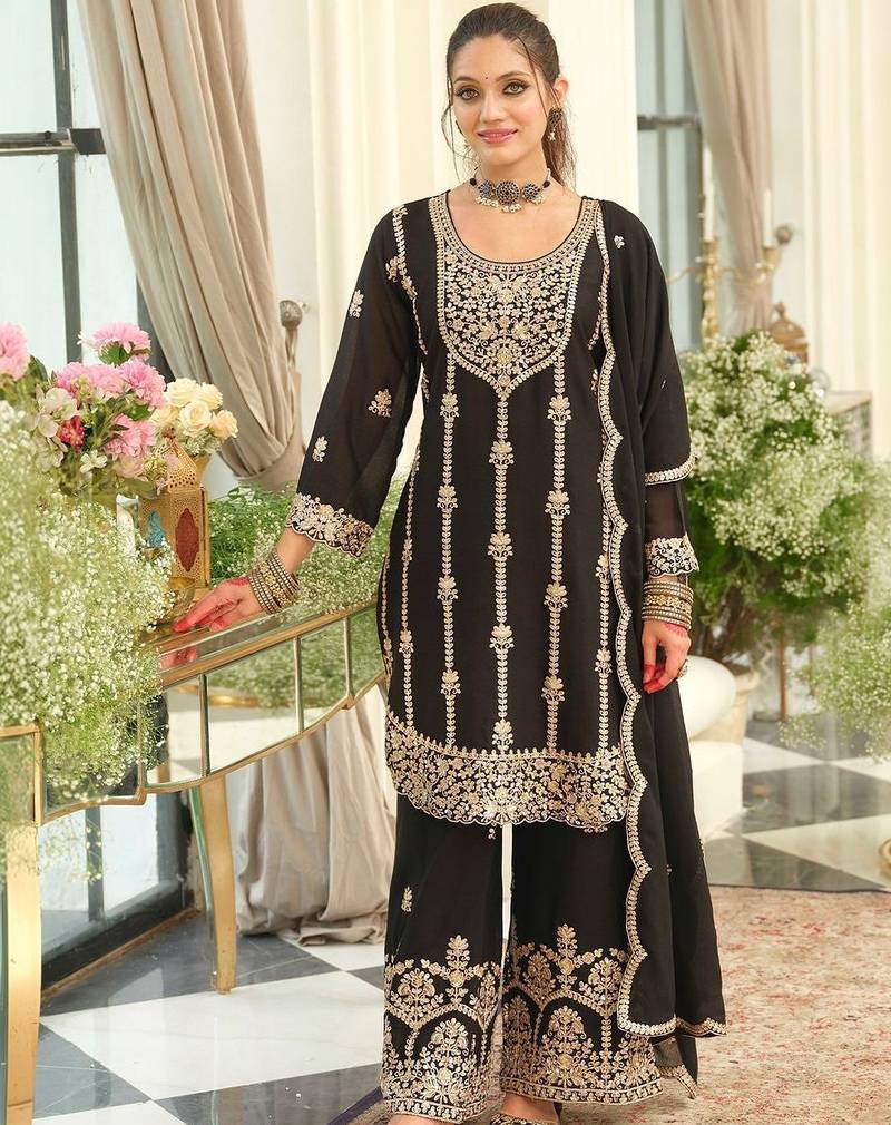 Women Ethnic Motifs Embroidered Regular Thread Work Kurta with Palazzos & With Dupatta