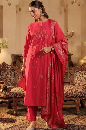 Women Ethnic Motifs Embroidered Regular Thread Work Kurta with Trousers & With Dupatta