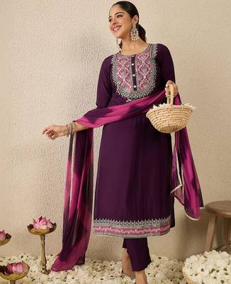 Women Ethnic Motifs Embroidered Regular Thread Work Kurta with Trousers & With Dupatta 1