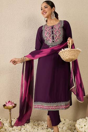 Women Ethnic Motifs Embroidered Regular Thread Work Kurta with Trousers & With Dupatta