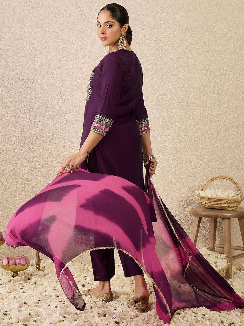 Women Ethnic Motifs Embroidered Regular Thread Work Kurta with Trousers & With Dupatta