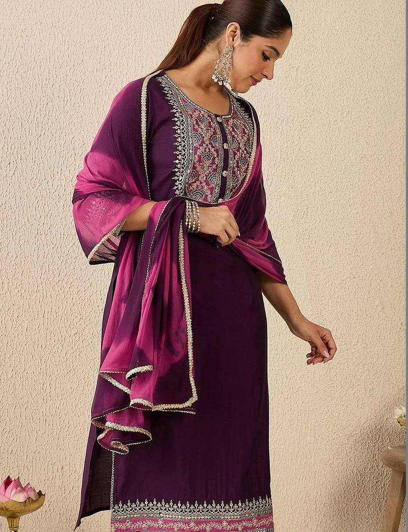 Women Ethnic Motifs Embroidered Regular Thread Work Kurta with Trousers & With Dupatta