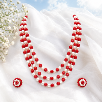 Red coral & white pearl 3-layer beaded necklace set with earrings 1