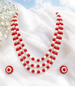 Red coral & white pearl 3-layer beaded necklace set with earrings