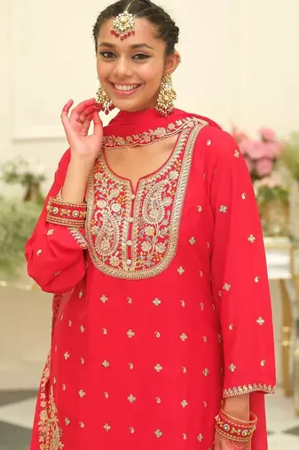 Women Ethnic Motifs Embroidered Regular Thread Work Kurta with Palazzos & With Dupatta