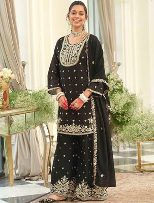 Women Ethnic Motifs Embroidered Regular Thread Work Kurta with Sharara & With Dupatta 1