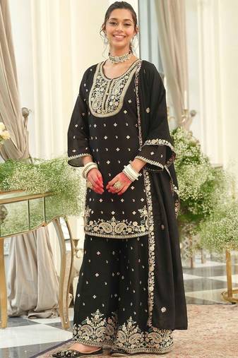 Women Ethnic Motifs Embroidered Regular Thread Work Kurta with Sharara & With Dupatta