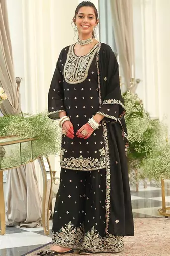 Women Ethnic Motifs Embroidered Regular Thread Work Kurta with Sharara & With Dupatta