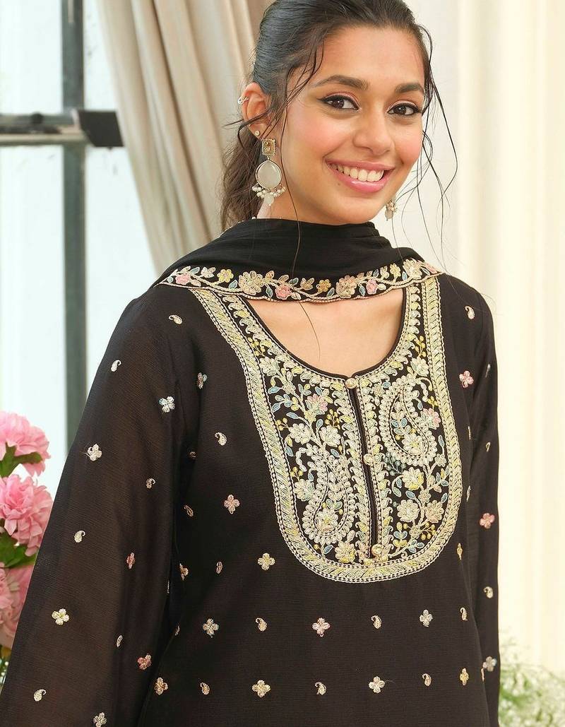 Women Ethnic Motifs Embroidered Regular Thread Work Kurta with Sharara & With Dupatta