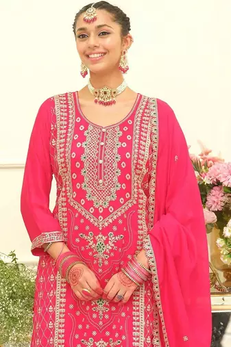 Women Ethnic Motifs Embroidered Regular Thread Work Kurta with Palazzos & With Dupatta