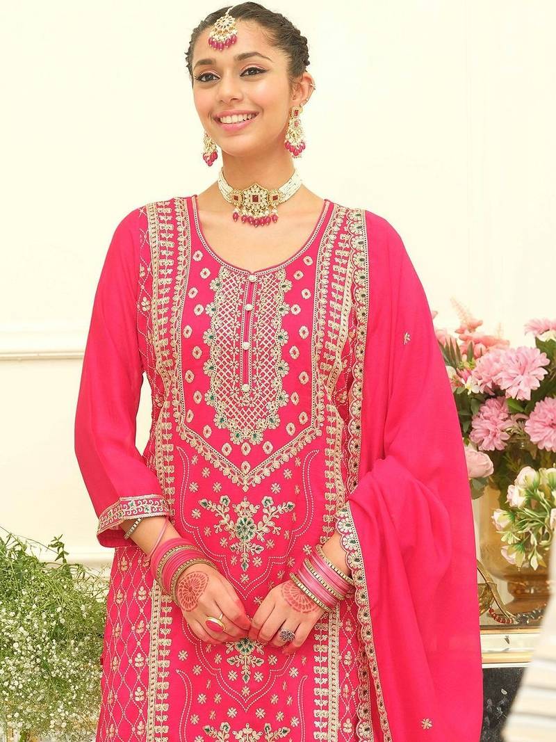Women Ethnic Motifs Embroidered Regular Thread Work Kurta with Palazzos & With Dupatta