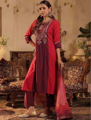 Women Ethnic Motifs Embroidered Regular Thread Work Raw Silk Kurta with Trousers & With Dupatta 1