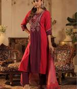 Women Ethnic Motifs Embroidered Regular Thread Work Raw Silk Kurta with Trousers & With Dupatta