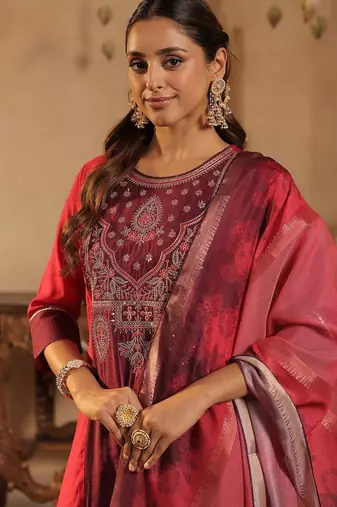 Women Ethnic Motifs Embroidered Regular Thread Work Raw Silk Kurta with Trousers & With Dupatta