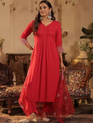 Women Ethnic Motifs Embroidered Pleated Thread Work Kurta with Trousers & With Dupatta 4