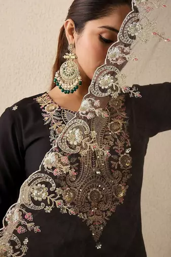 Women Ethnic Motifs Embroidered Regular Sequinned Liva Kurta with Trousers & With Dupatta