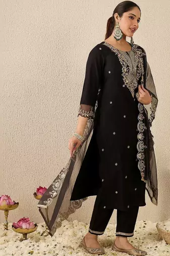 Women Ethnic Motifs Embroidered Regular Sequinned Liva Kurta with Trousers & With Dupatta