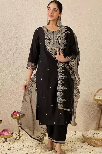 Women Ethnic Motifs Embroidered Regular Sequinned Liva Kurta with Trousers & With Dupatta