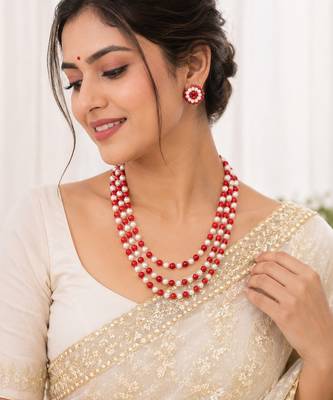 Red coral & white pearl 3-layer beaded necklace set with earrings 2